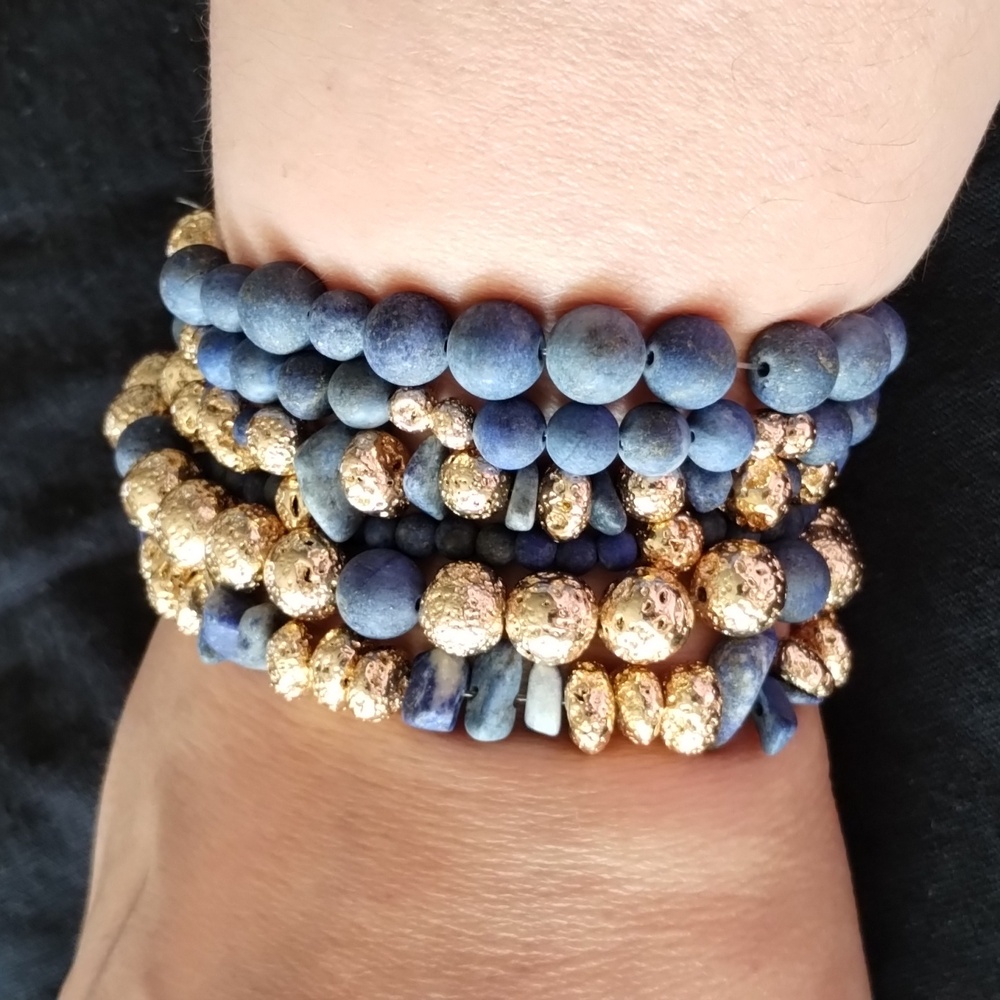 Matte Lapis Lazuli & Faux Gold coated Lava Stone, Handcrafted